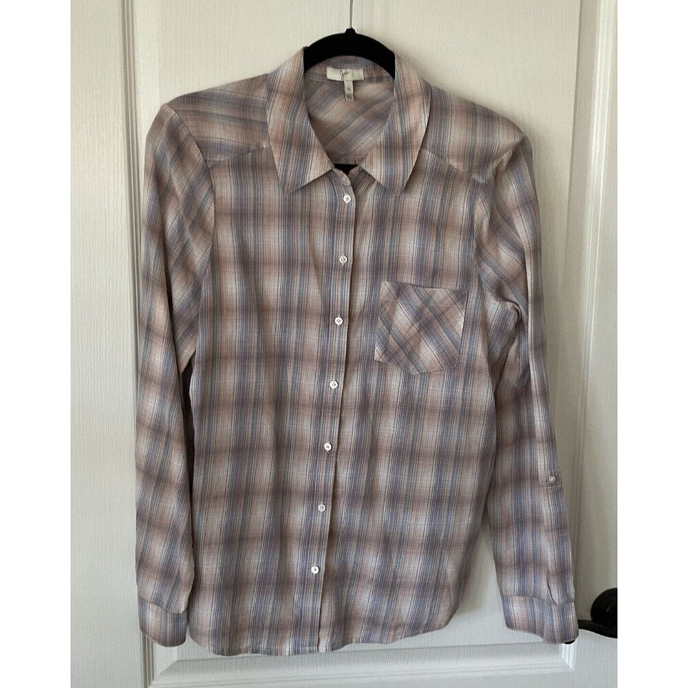 Women’s Joie Lidelle Blue & Pink Plaid Linen Button Down Shirt Medium Roll Tab